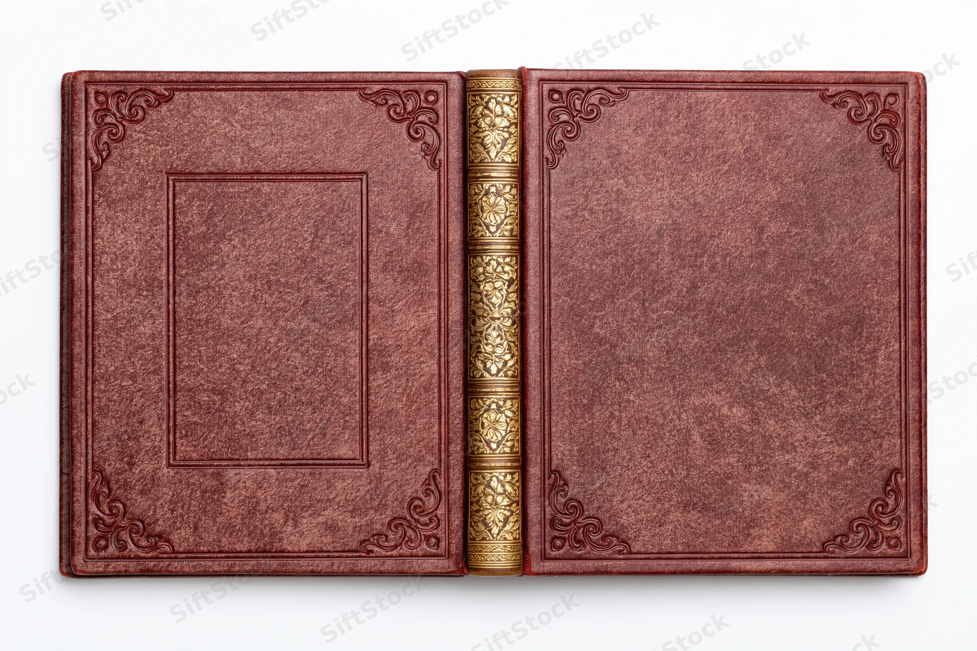 Open antique hardcover book with embossed leather covers and gold spine lying flat on white background