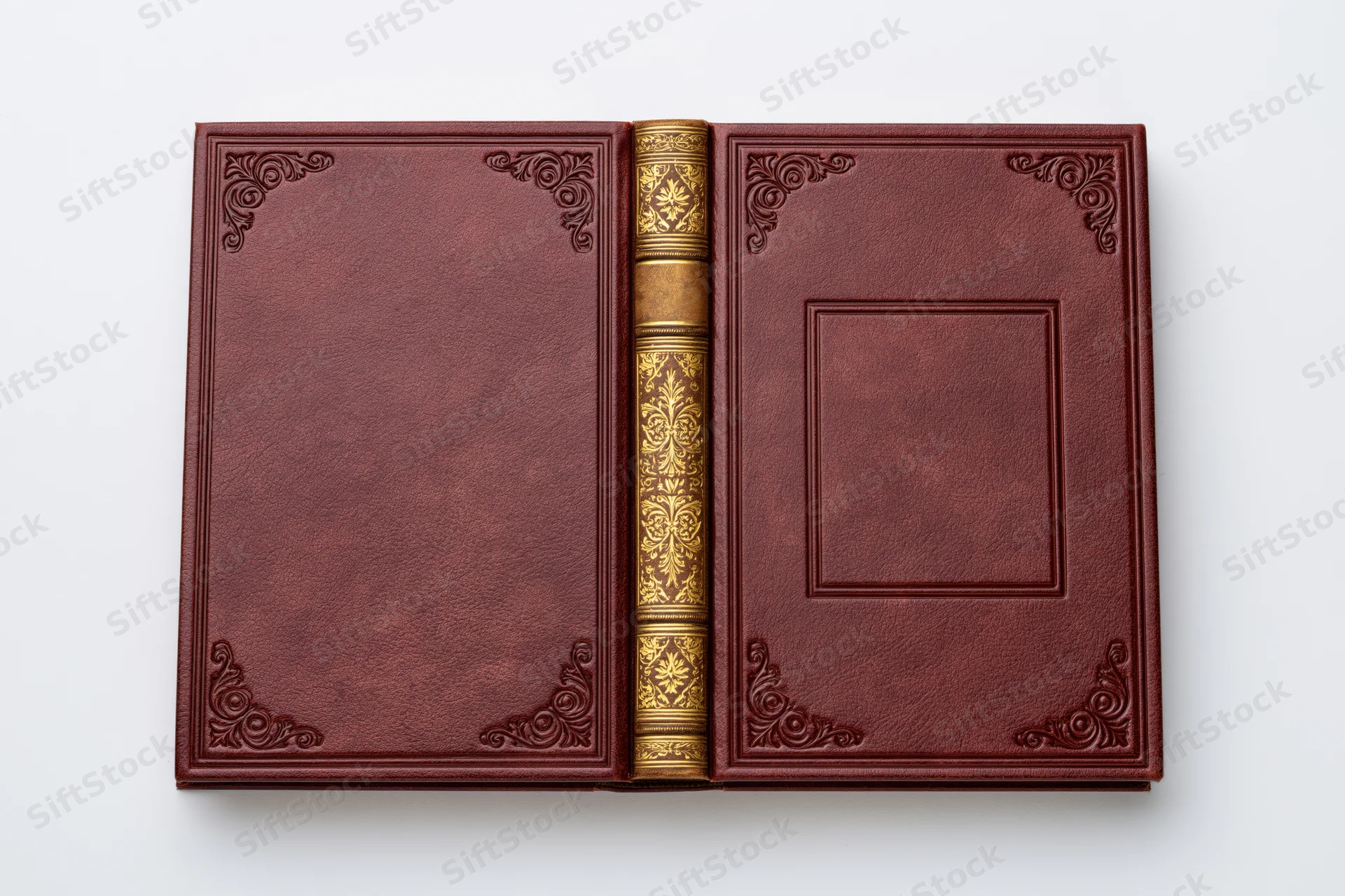 Open antique leather book with gold-embossed spine and decorative corners on white background