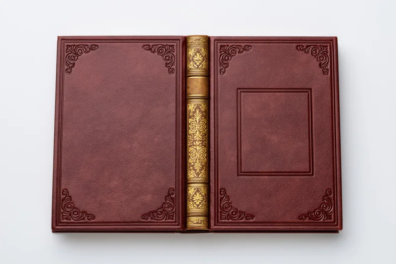 Open antique leather book with gold-embossed spine and decorative corners on white background