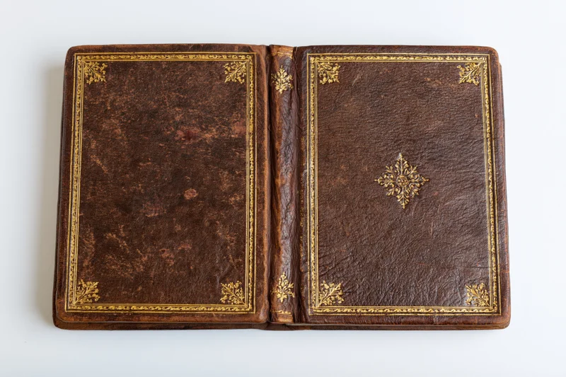 Open antique leather book with gold embossed decoration on white background
