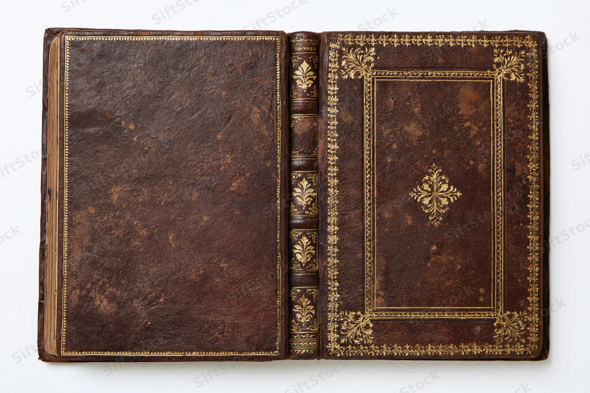 Open antique leather book with gold embossed decoration lying flat on white surface