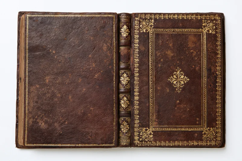 Open antique leather book with gold embossed decoration lying flat on white surface