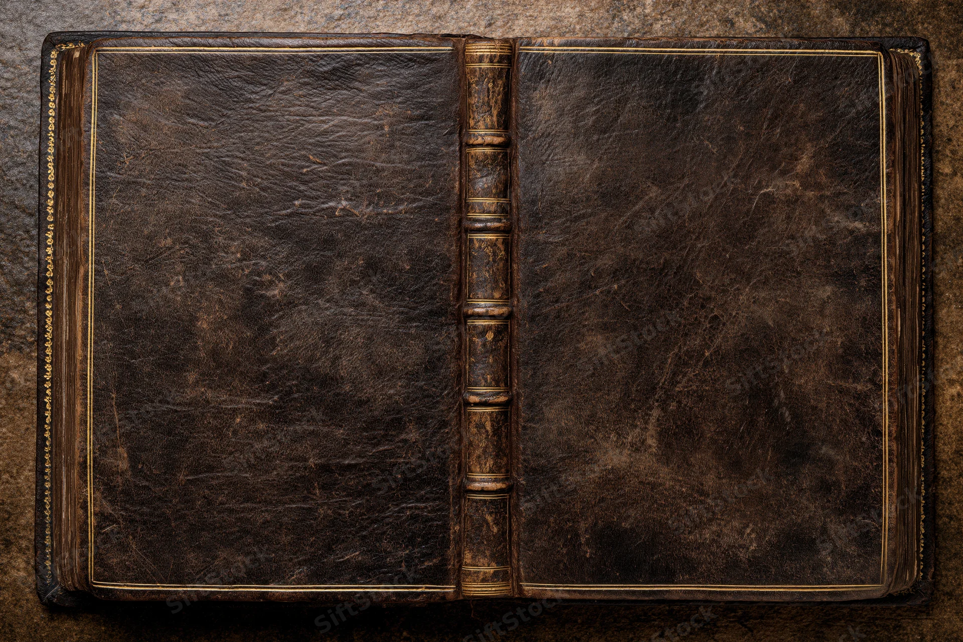 Open antique leather-bound book with textured covers and gold detailing on a dark surface