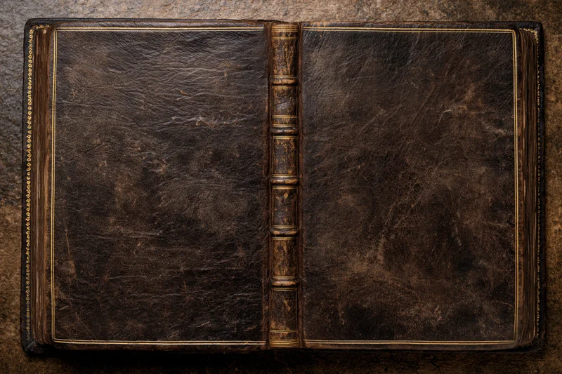 Open antique leather-bound book with textured covers and gold detailing on a dark surface