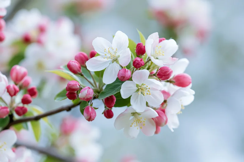 Apple tree branch with white blossoms and pink buds in spring garden