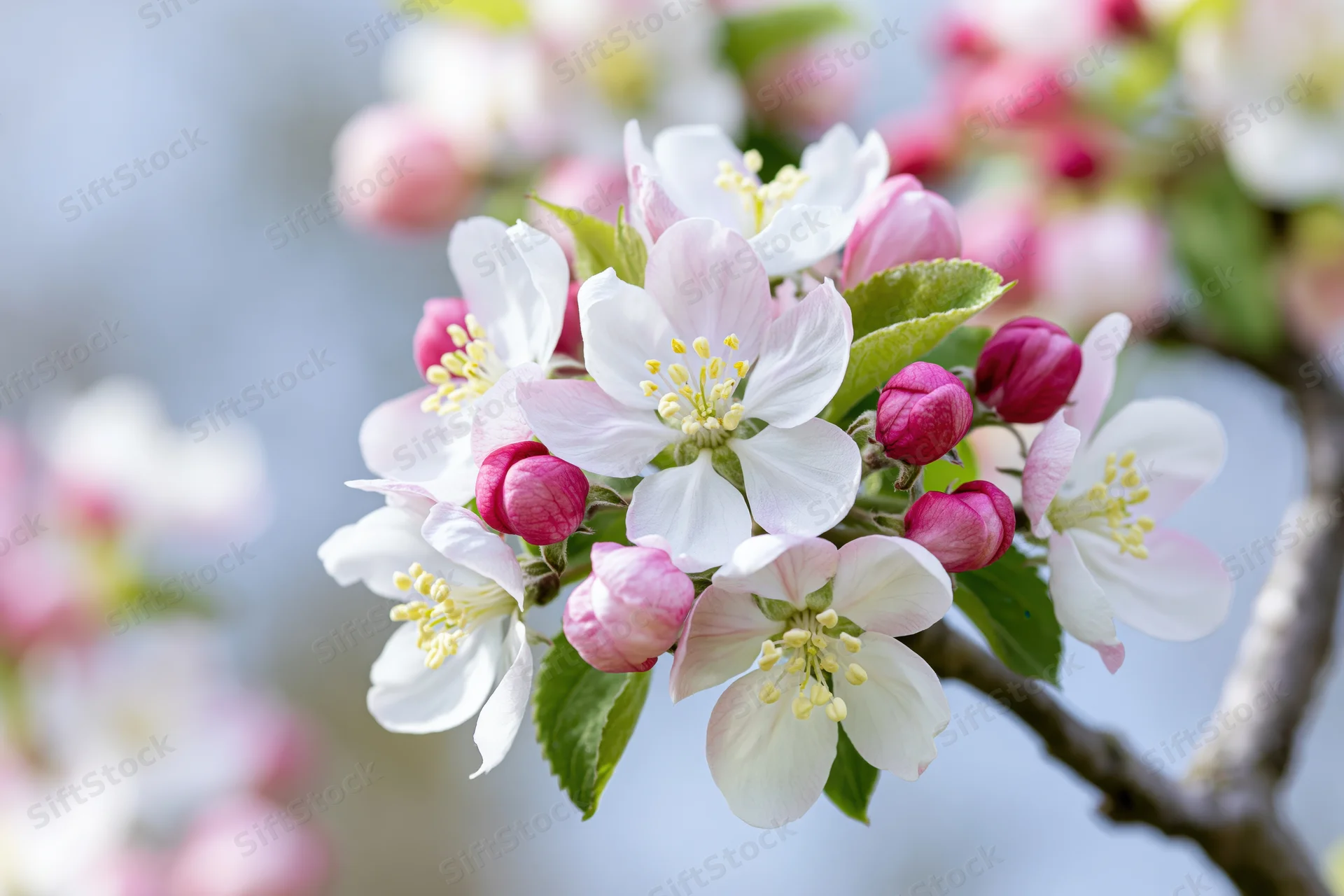 Apple tree branch with white blossoms and pink buds in spring garden