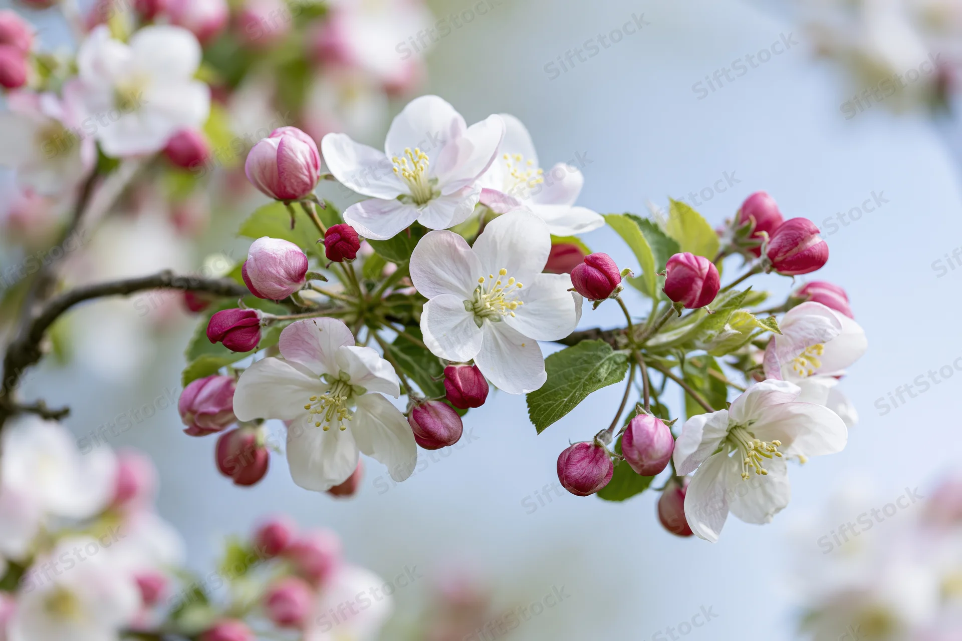 Apple tree branch with white blossoms and pink buds in spring garden
