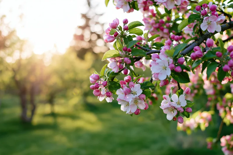 Apple tree branch with pink and white blossoms in spring garden at sunrise