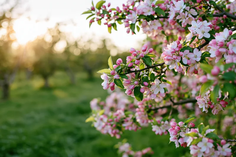 Close-up of apple tree branch with pink and white blossoms in an orchard at sunrise