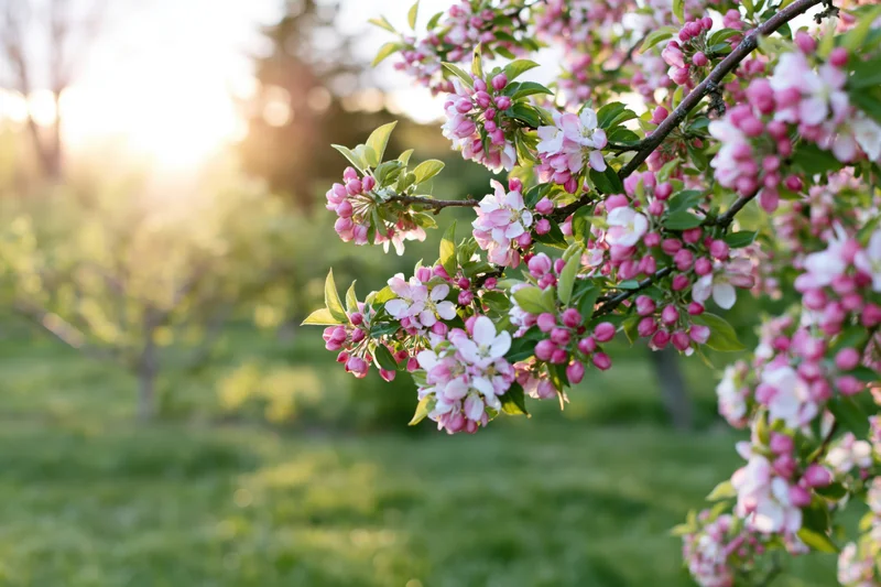 Apple tree branch with pink and white blossoms in spring garden at sunrise