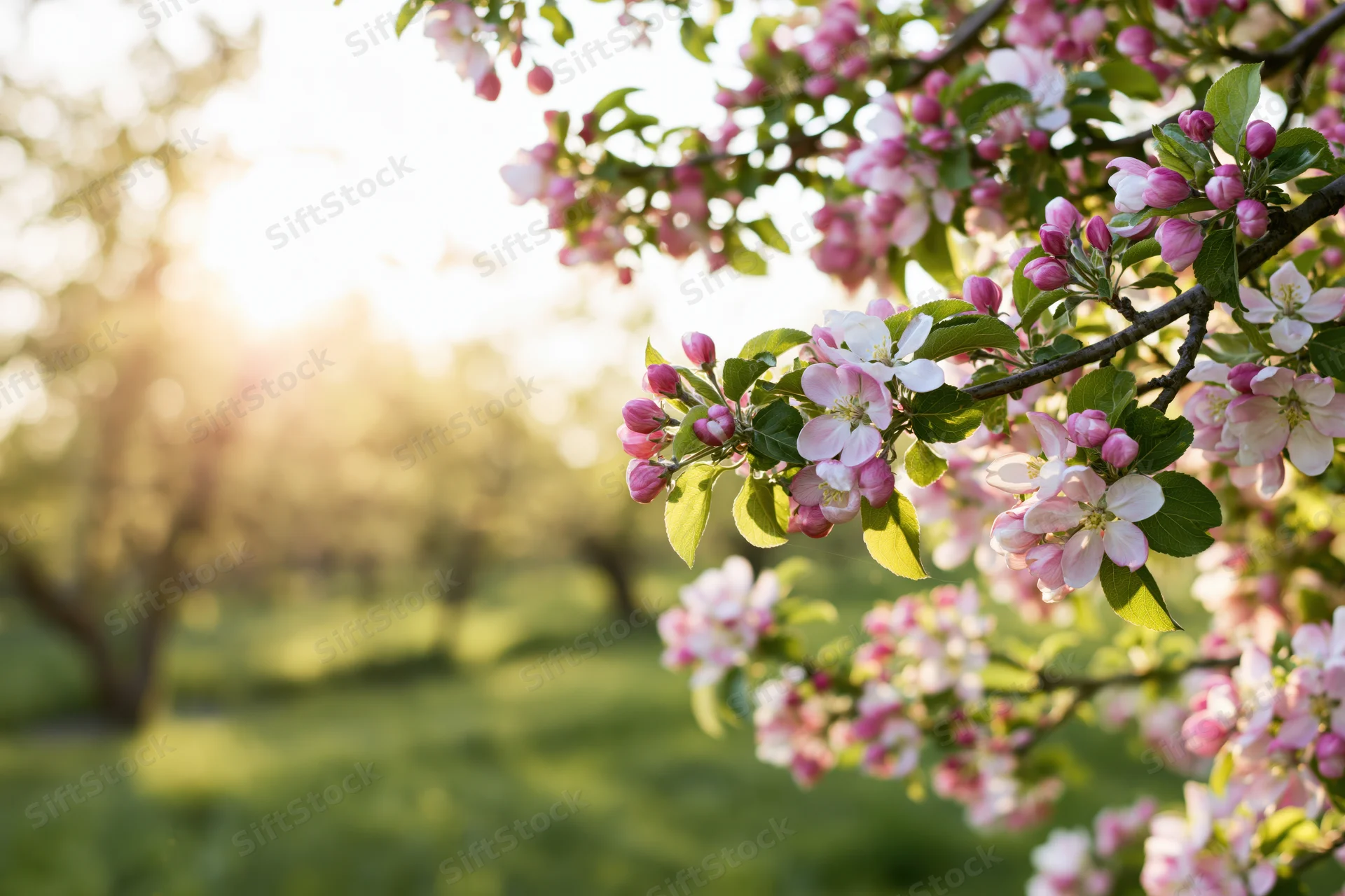 Apple tree branch with pink and white blossoms in spring garden at sunrise
