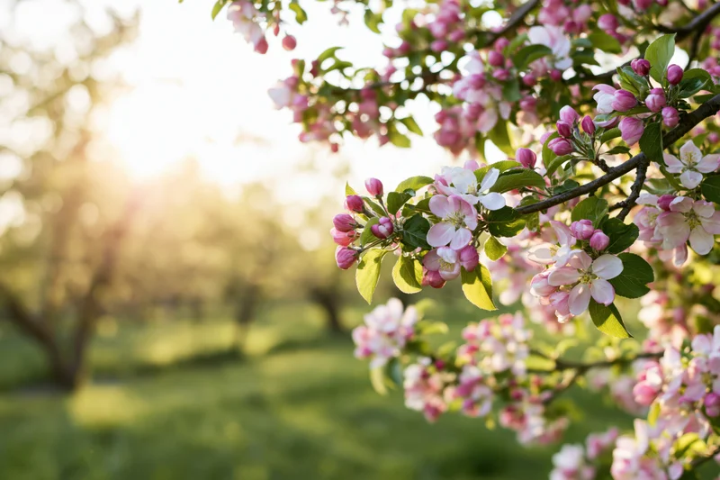 Apple tree branch with pink and white blossoms in spring garden at sunrise