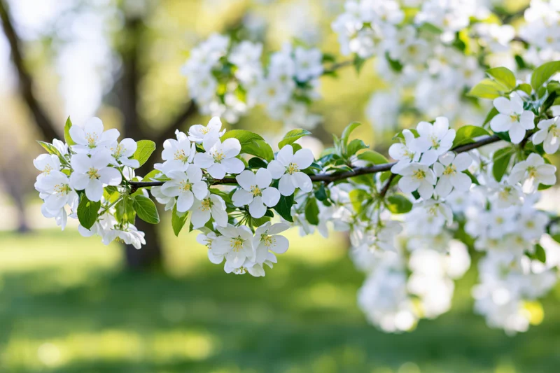 Apple tree branch with white blossoms and green leaves in a sunlit garden