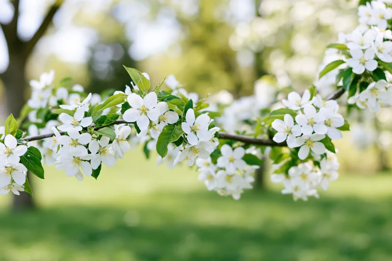 Apple tree branch with white blossoms and green leaves in a garden setting