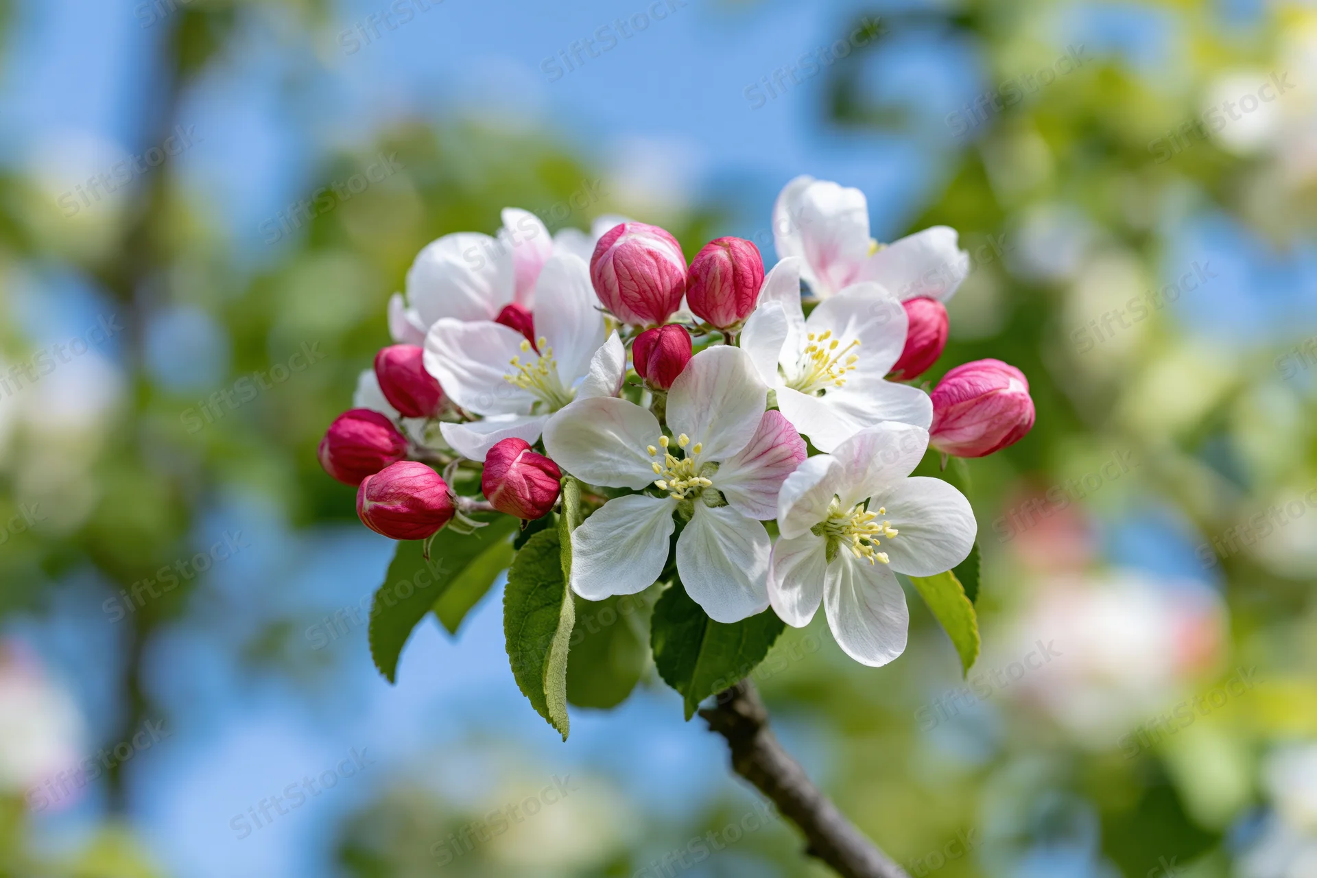 Apple tree branch with white and pink blossoms in spring bloom against blue sky