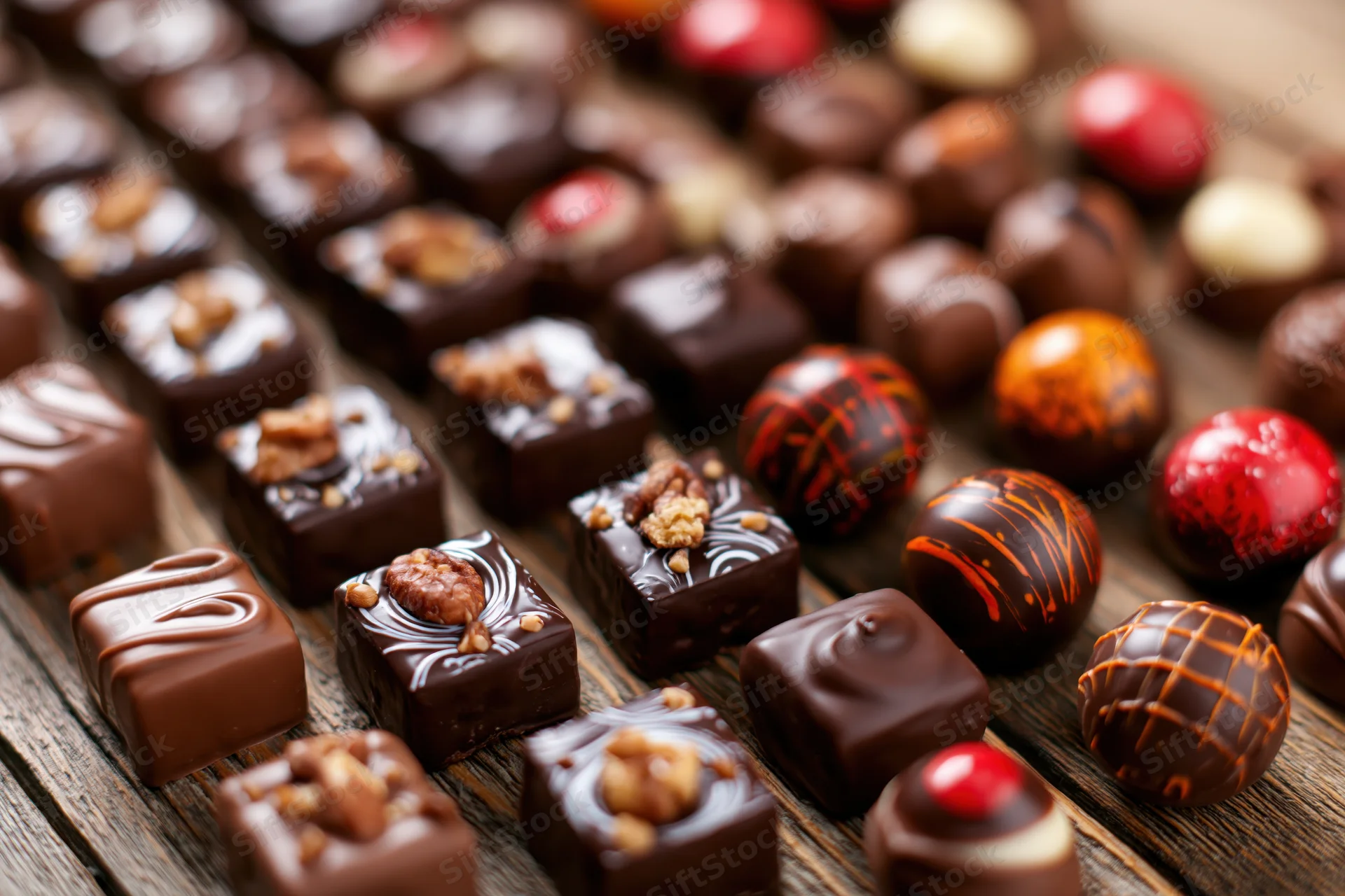 Assorted artisan chocolates arranged densely on a wooden surface