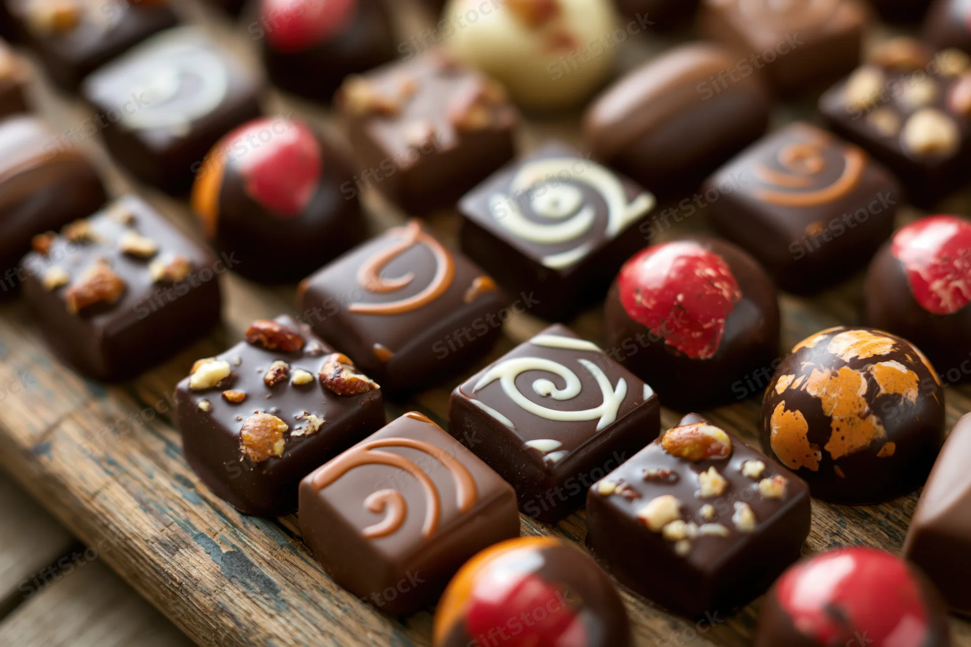 Assorted artisan chocolates with swirls, nuts, and fruit toppings arranged on a rustic wooden board