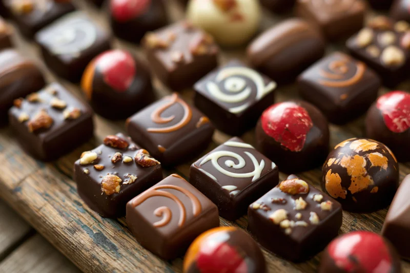 Assorted artisan chocolates with swirls, nuts, and fruit toppings arranged on a rustic wooden board