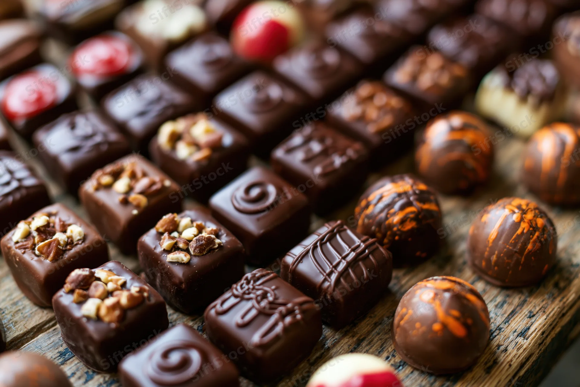 Assorted artisan chocolates and candies arranged on a wooden tray with nuts and fruit toppings