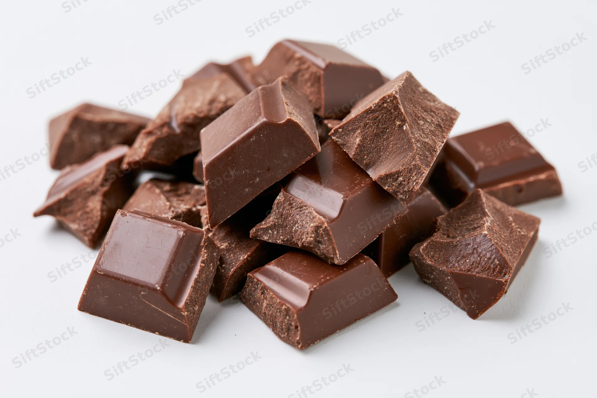 Broken milk chocolate chunks scattered in a pile on white background