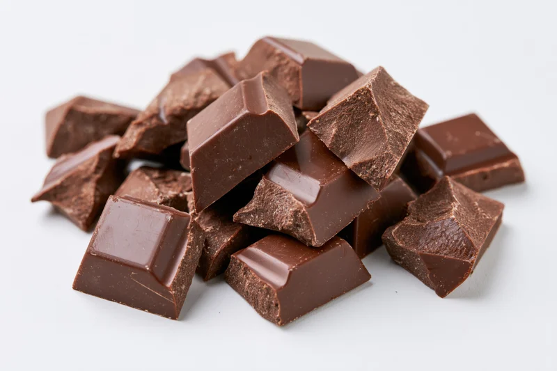 Broken milk chocolate chunks scattered in a pile on white background