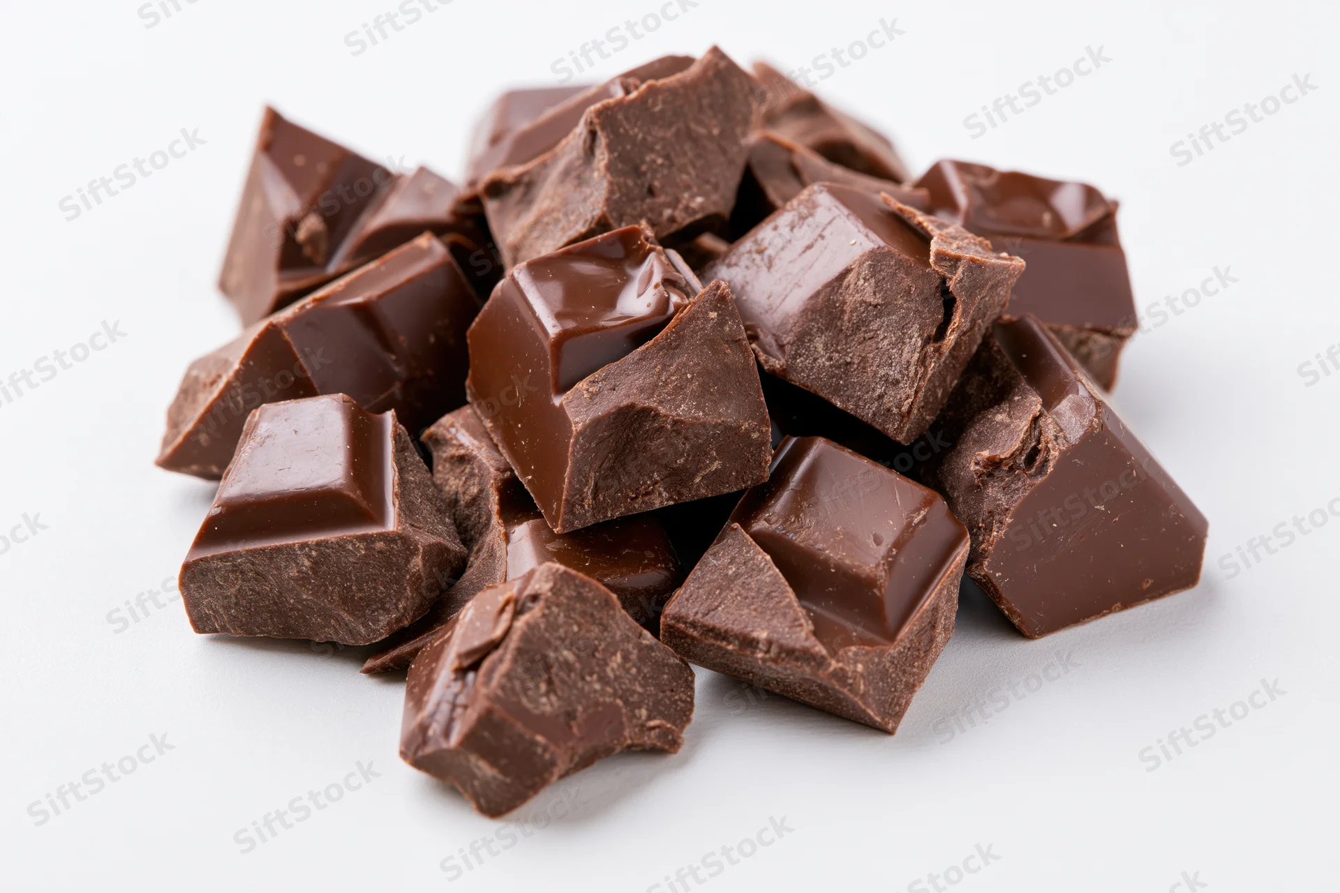 Broken milk chocolate chunks scattered in a pile on white background