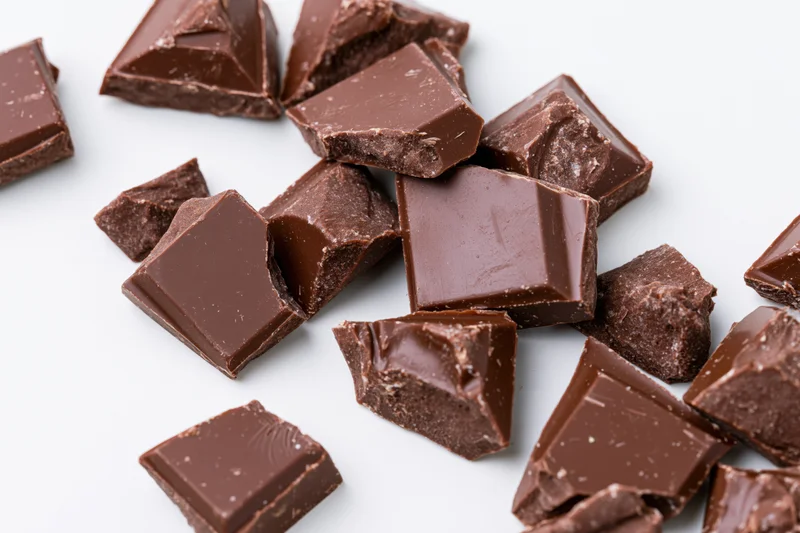 Broken milk chocolate chunks scattered on white background