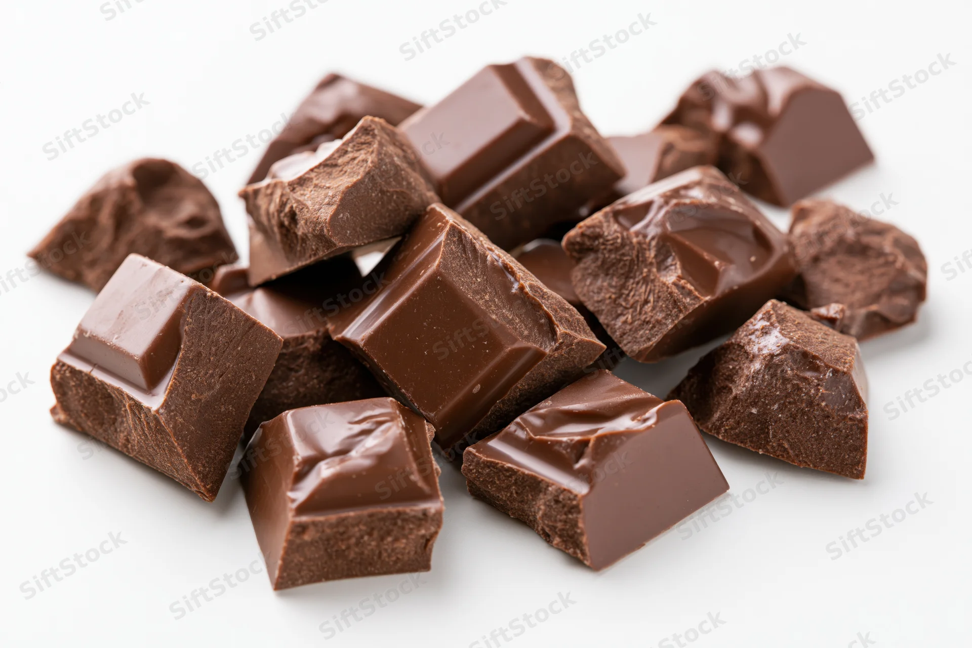 Broken milk chocolate chunks scattered in a pile on white background