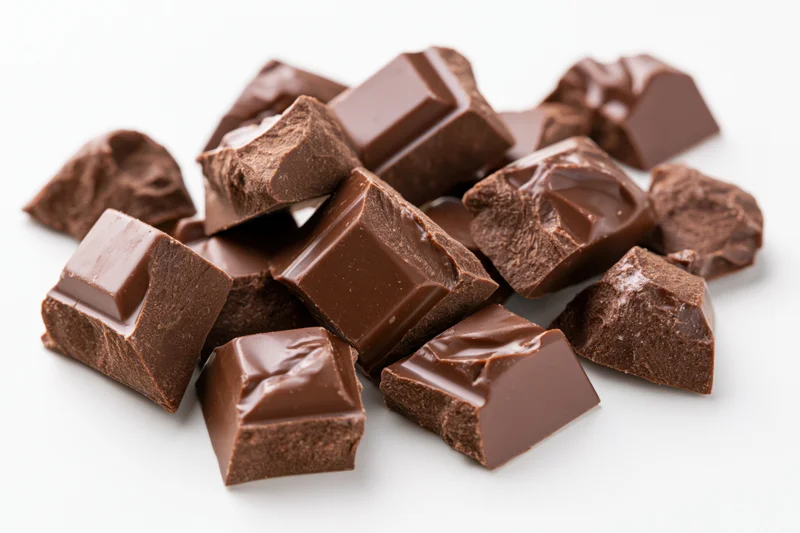 Broken milk chocolate chunks scattered in a pile on white background