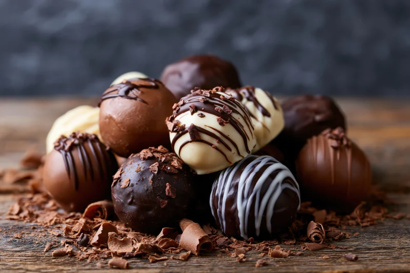 Assorted chocolate truffles and pralines arranged in a cluster