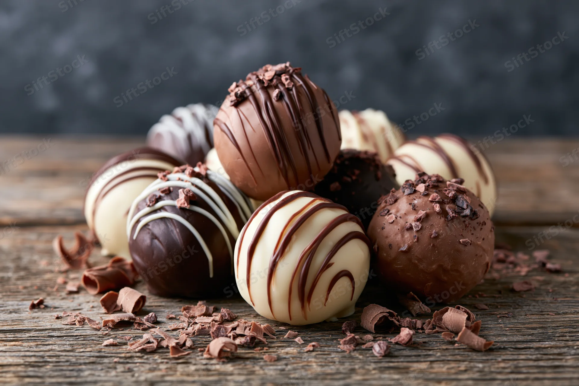 Assorted chocolate truffles with drizzle and shavings on a wooden surface