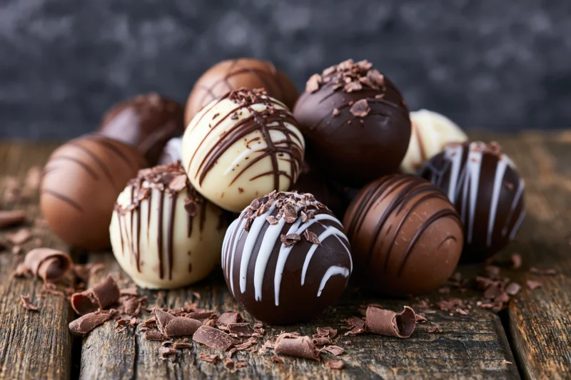 Assorted chocolate truffles and pralines piled on a rustic wooden surface with chocolate shavings scattered around