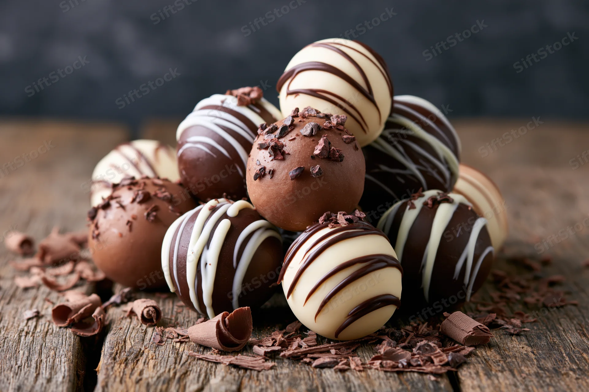 Assorted chocolate truffles with drizzles and shavings arranged in a pile on a rustic wooden surface