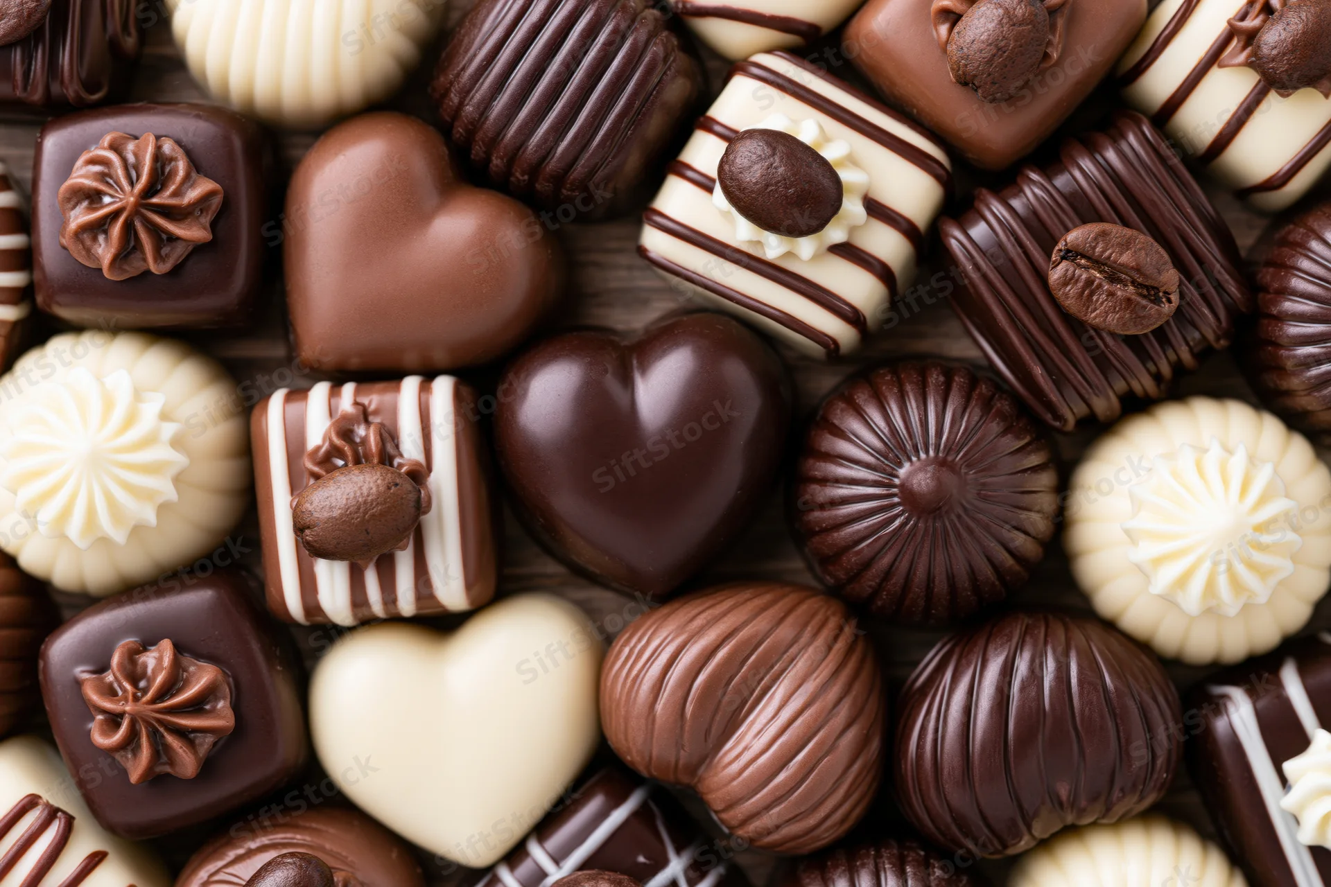 Assorted luxury chocolate pralines and truffles arranged on a wooden surface in a flat lay top view