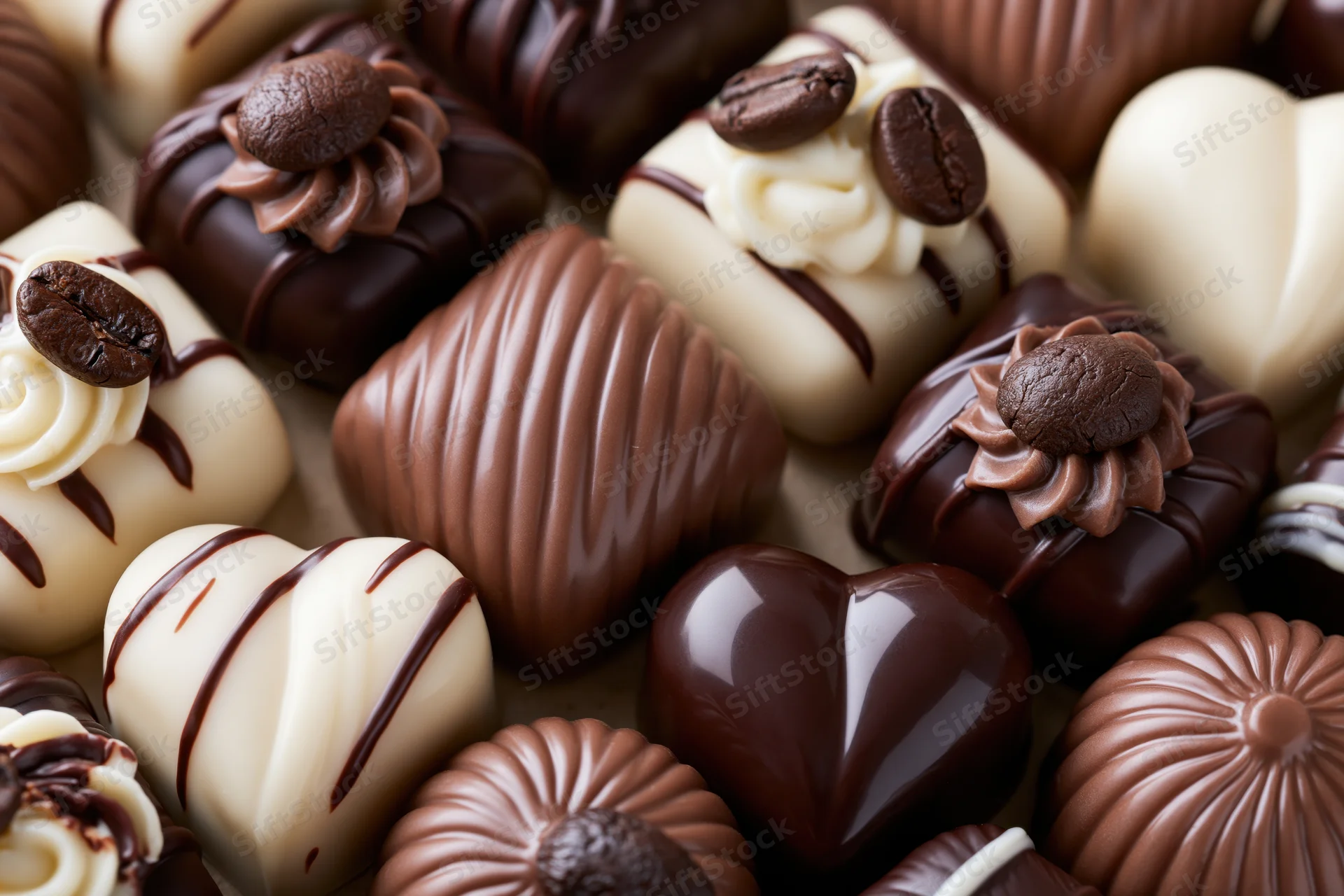 Assorted luxury chocolate pralines and truffles arranged in a closeup display with heart shapes, coffee beans, and decorative swirls