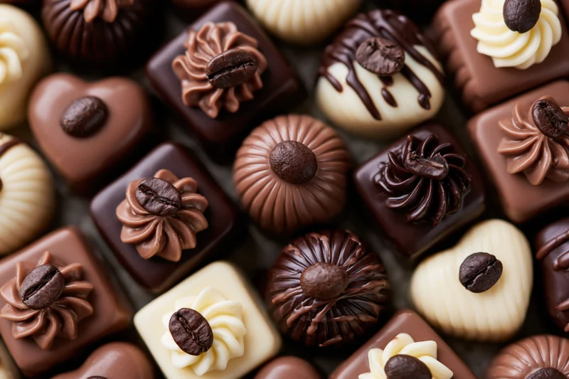 Assorted luxury chocolate pralines and truffles arranged in a closeup overhead view with coffee beans and swirl toppings