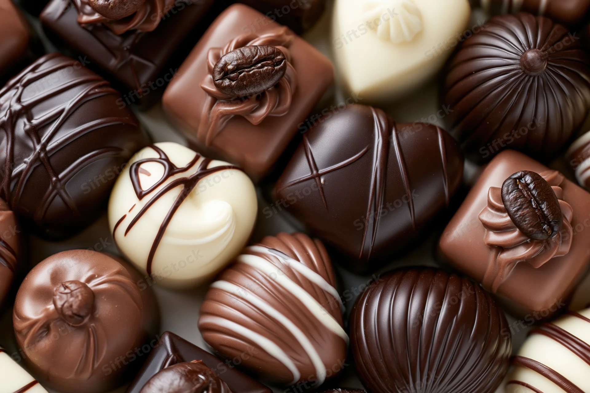 Assorted luxury chocolate pralines and truffles arranged in a close-up top view display