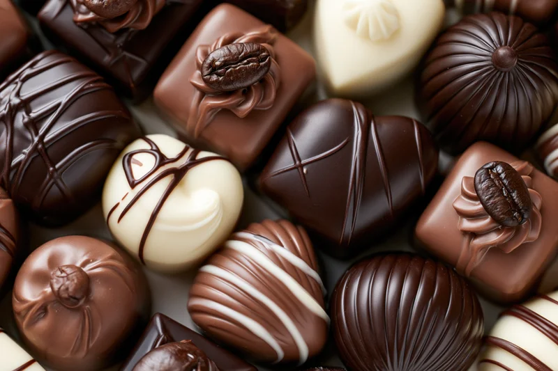 Assorted luxury chocolate pralines and truffles arranged in a close-up top view display