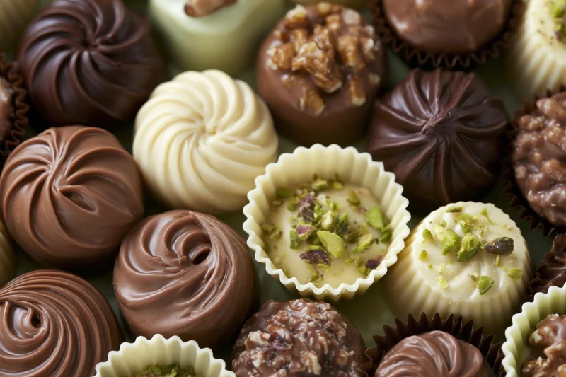Assorted luxury chocolate pralines and truffles arranged tightly in paper cups with nuts and swirl patterns