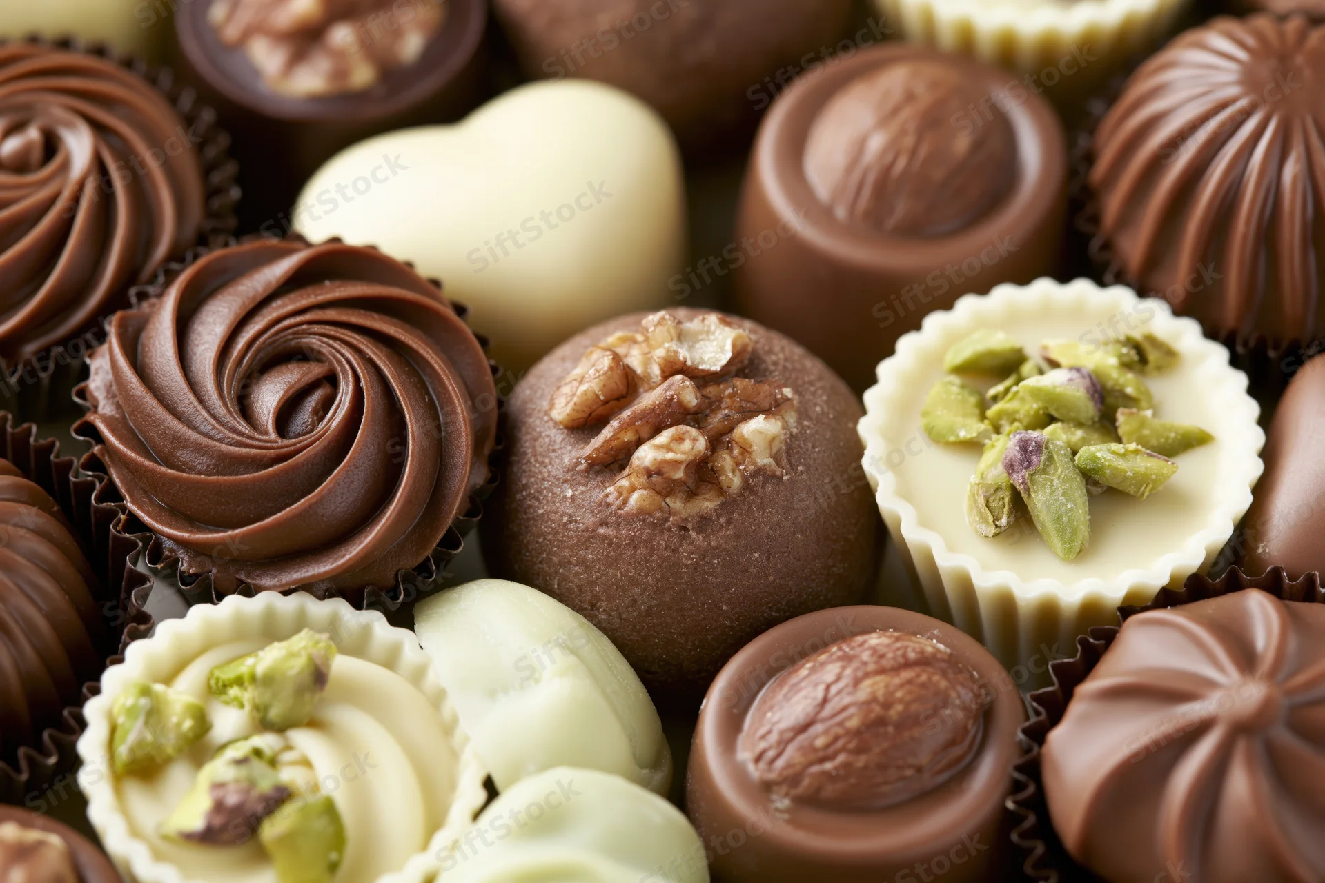Assorted luxury chocolate pralines and truffles arranged tightly in paper cups with nuts and swirls