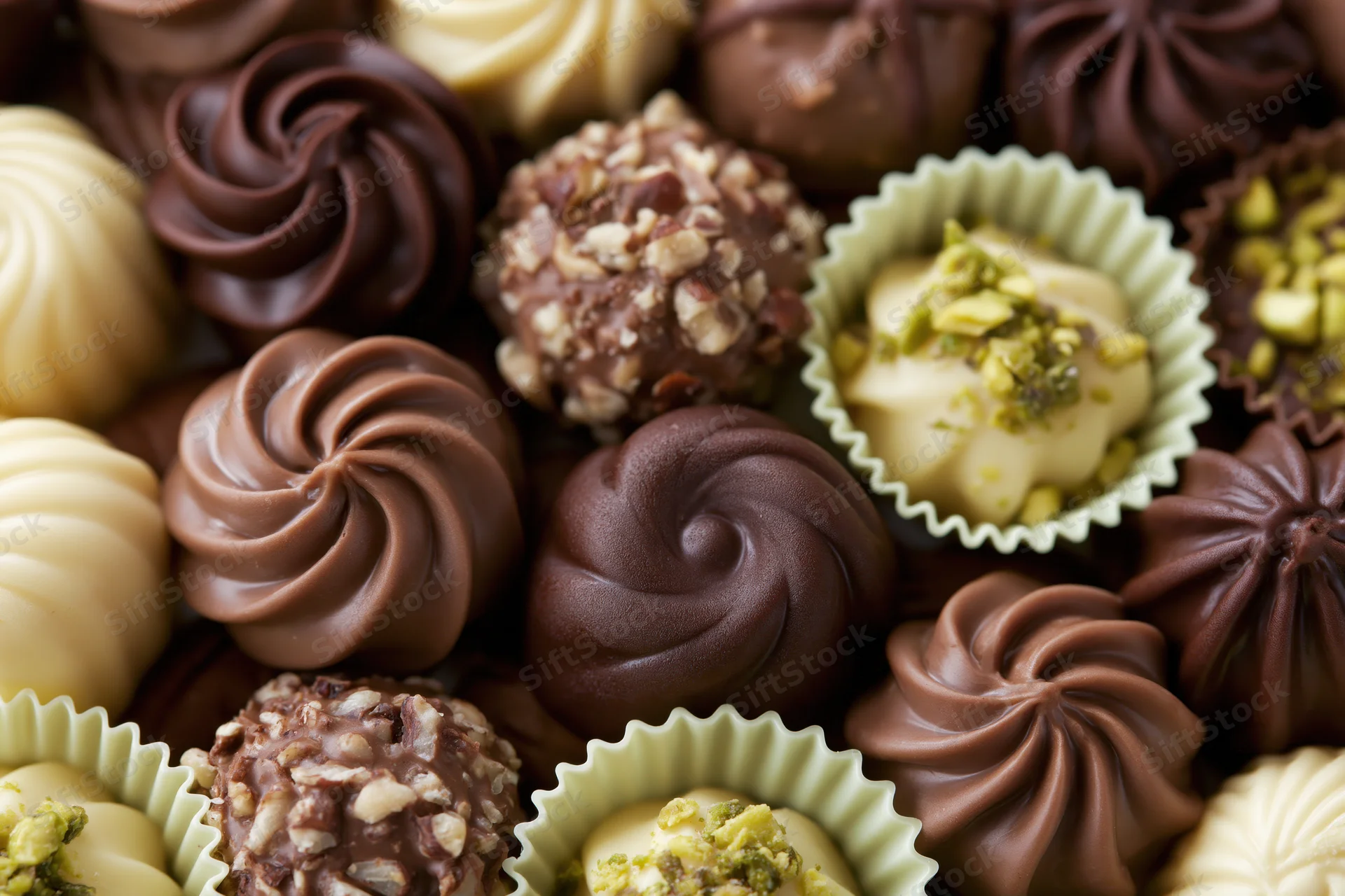 Assorted luxury chocolate pralines and truffles arranged tightly in paper cups with nuts and swirls