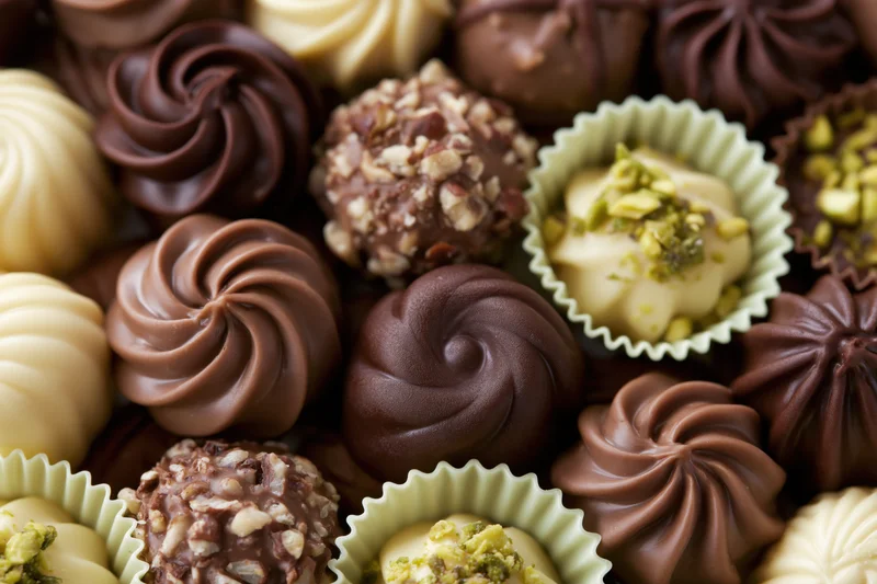 Assorted luxury chocolate pralines and truffles arranged tightly in paper cups with nuts and swirls