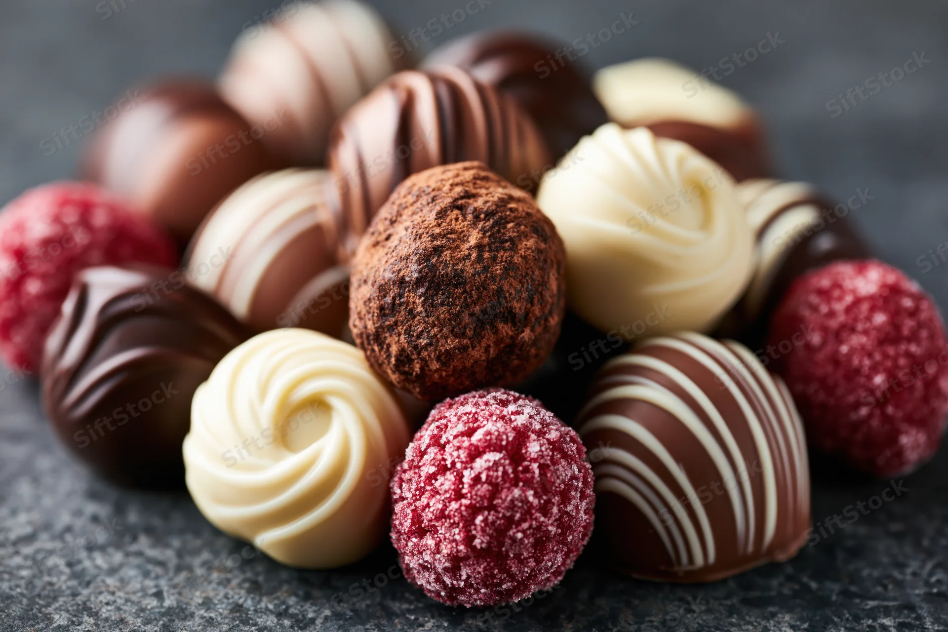 Assorted chocolate truffles and bonbons piled loosely on a dark stone surface