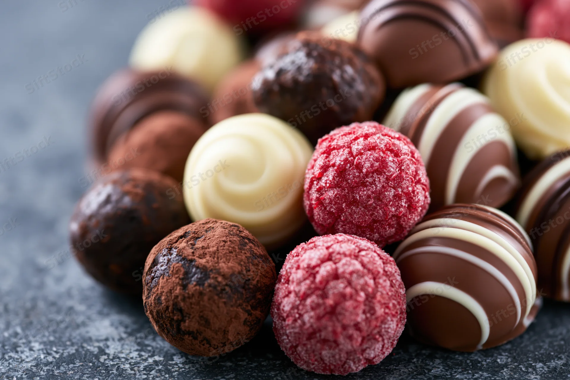 Assorted luxury chocolate truffles and bonbons piled loosely on a dark surface