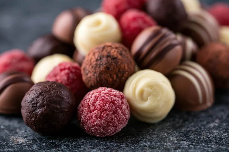 Assorted luxury chocolate truffles and bonbons piled loosely on a dark stone surface