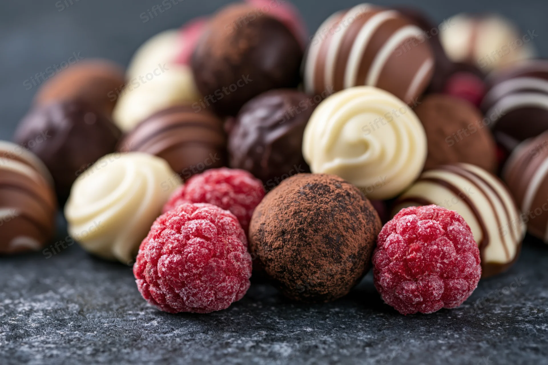 Assorted chocolate truffles and bonbons piled with frozen raspberries on dark surface