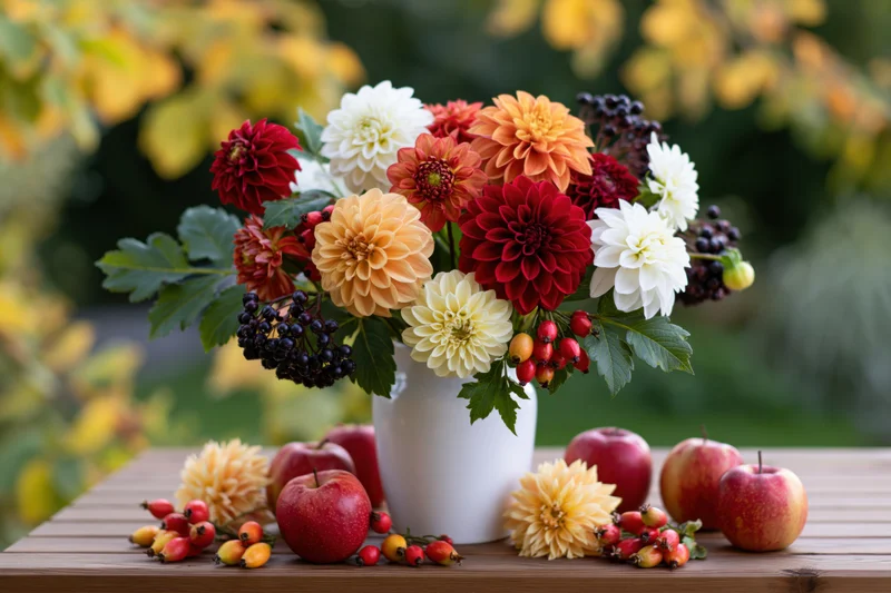 Autumn dahlia bouquet in white ceramic vase on wooden table with apples and berries