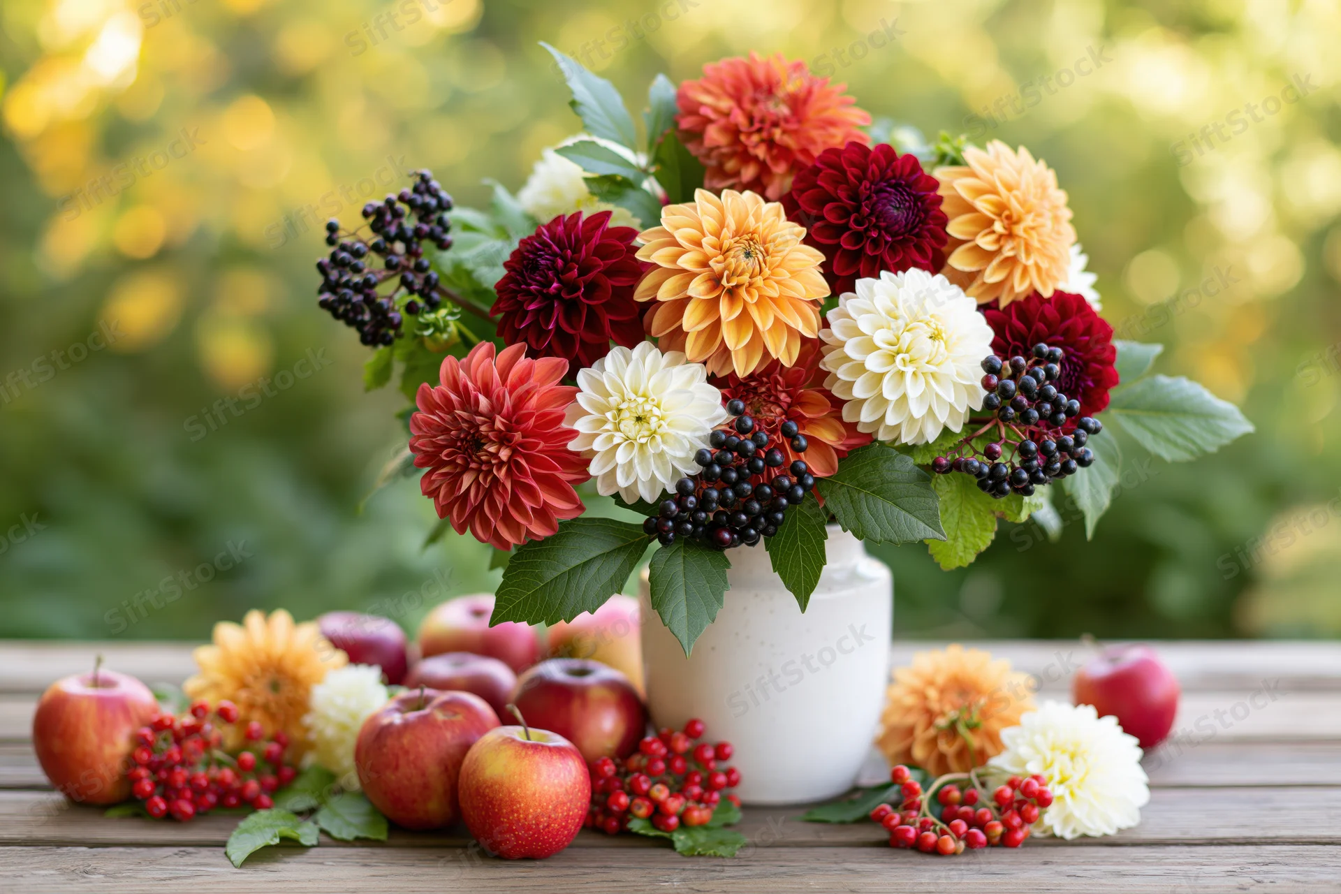 Autumn dahlia bouquet in a white ceramic vase on a wooden table with apples and berries