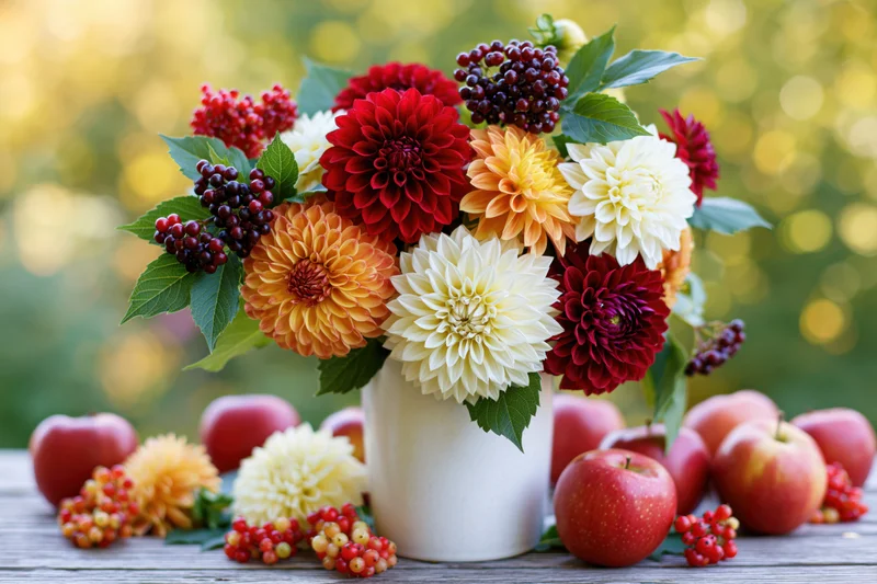 Autumn dahlia bouquet in white ceramic vase on wooden table with apples and berries