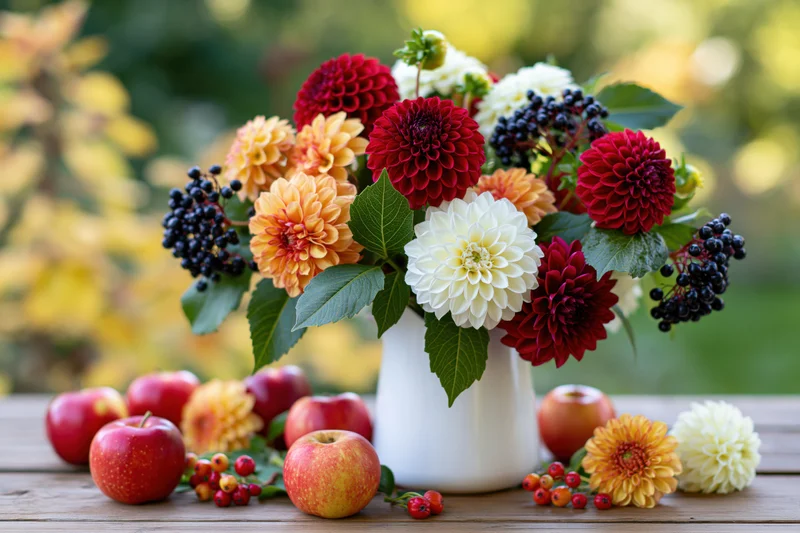 Autumn dahlia bouquet in white ceramic vase on wooden table with apples and berries